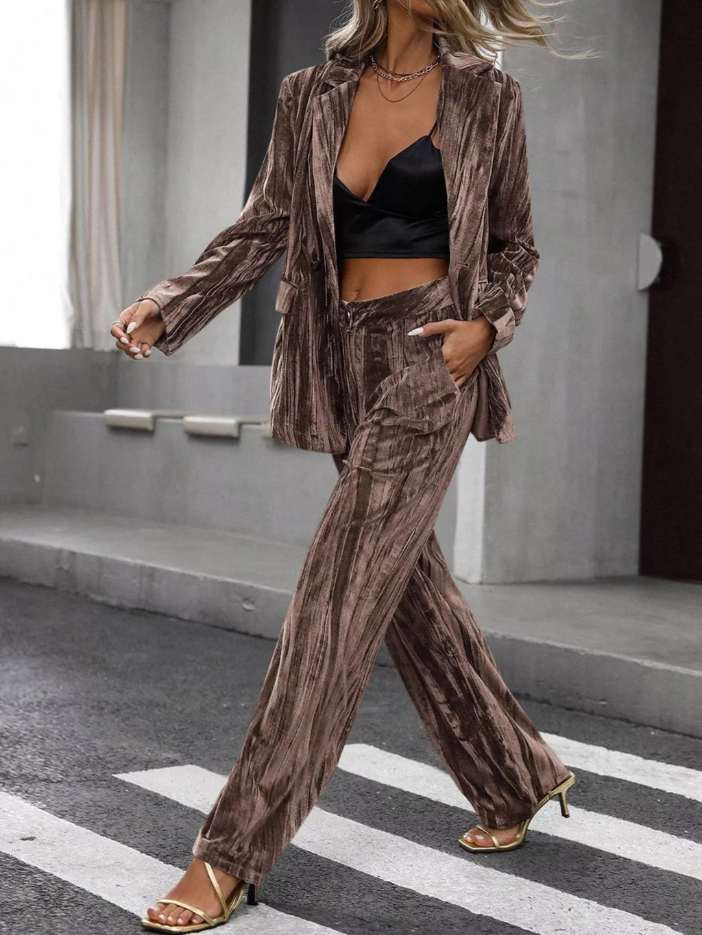 Lapel Collar Long Sleeve Blazer Pants Set (8)