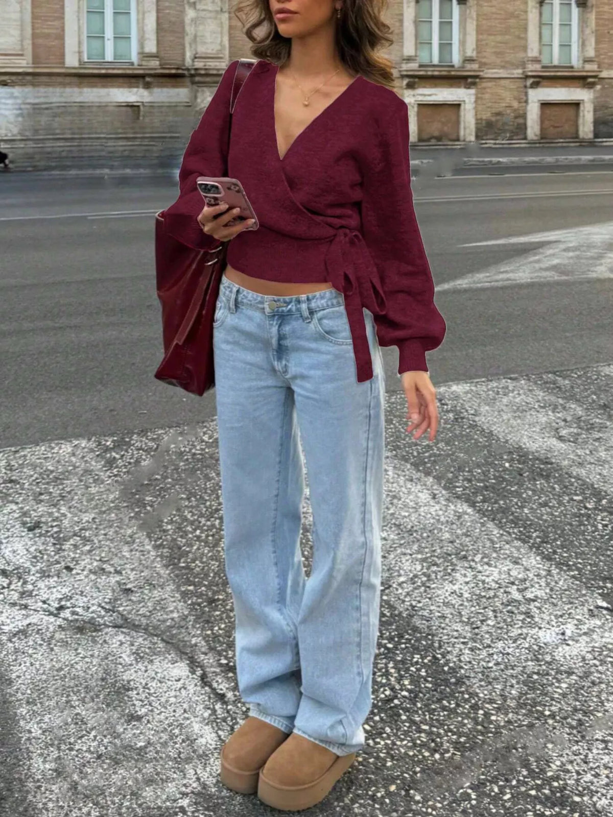 Tie Waist Surplice Sweater (6)