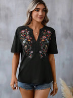 Embroidered Notched Short Sleeve T-shirt (18)