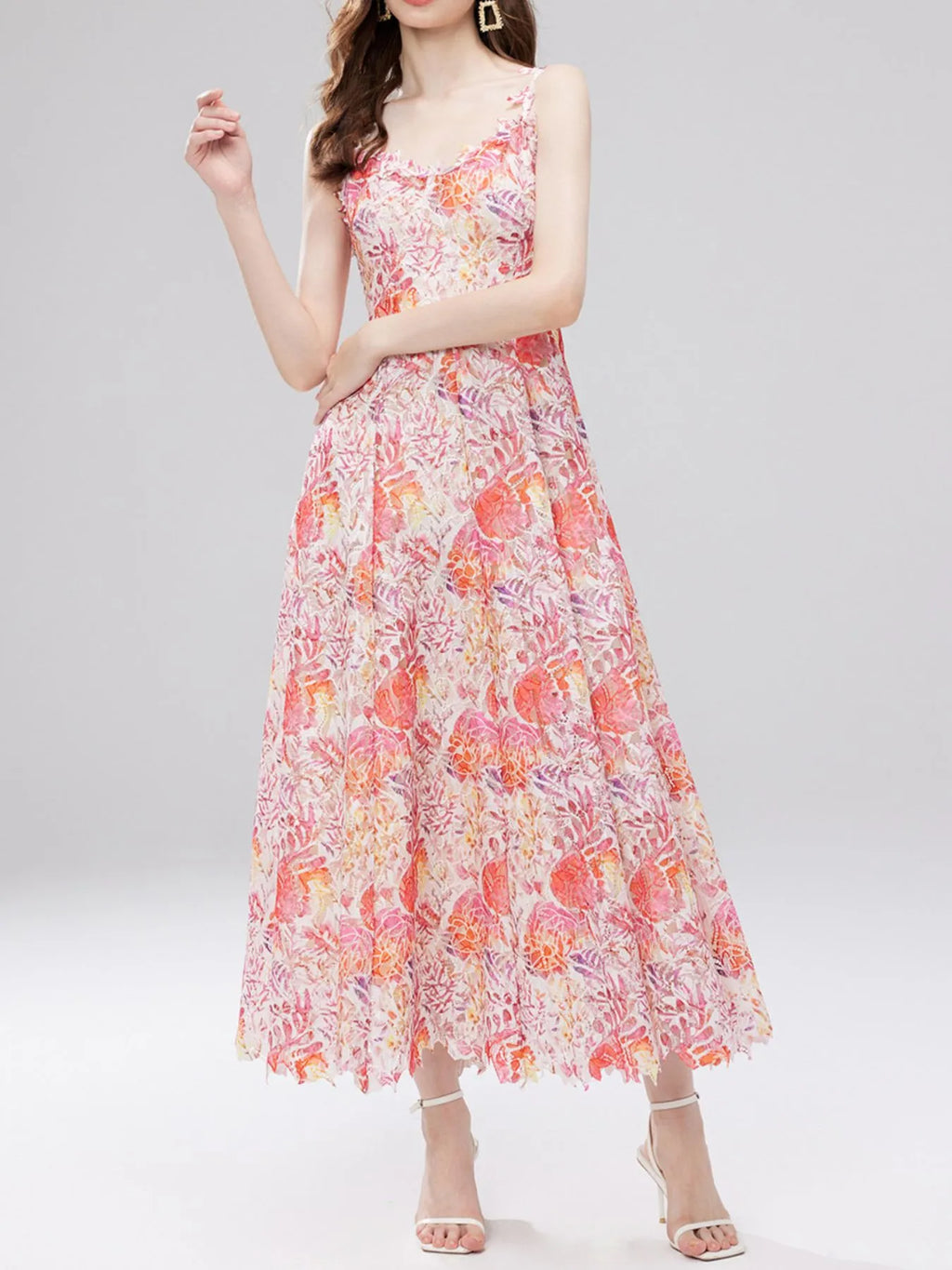 Floral Lace Sleeveless V-neck Midi Dress (23)