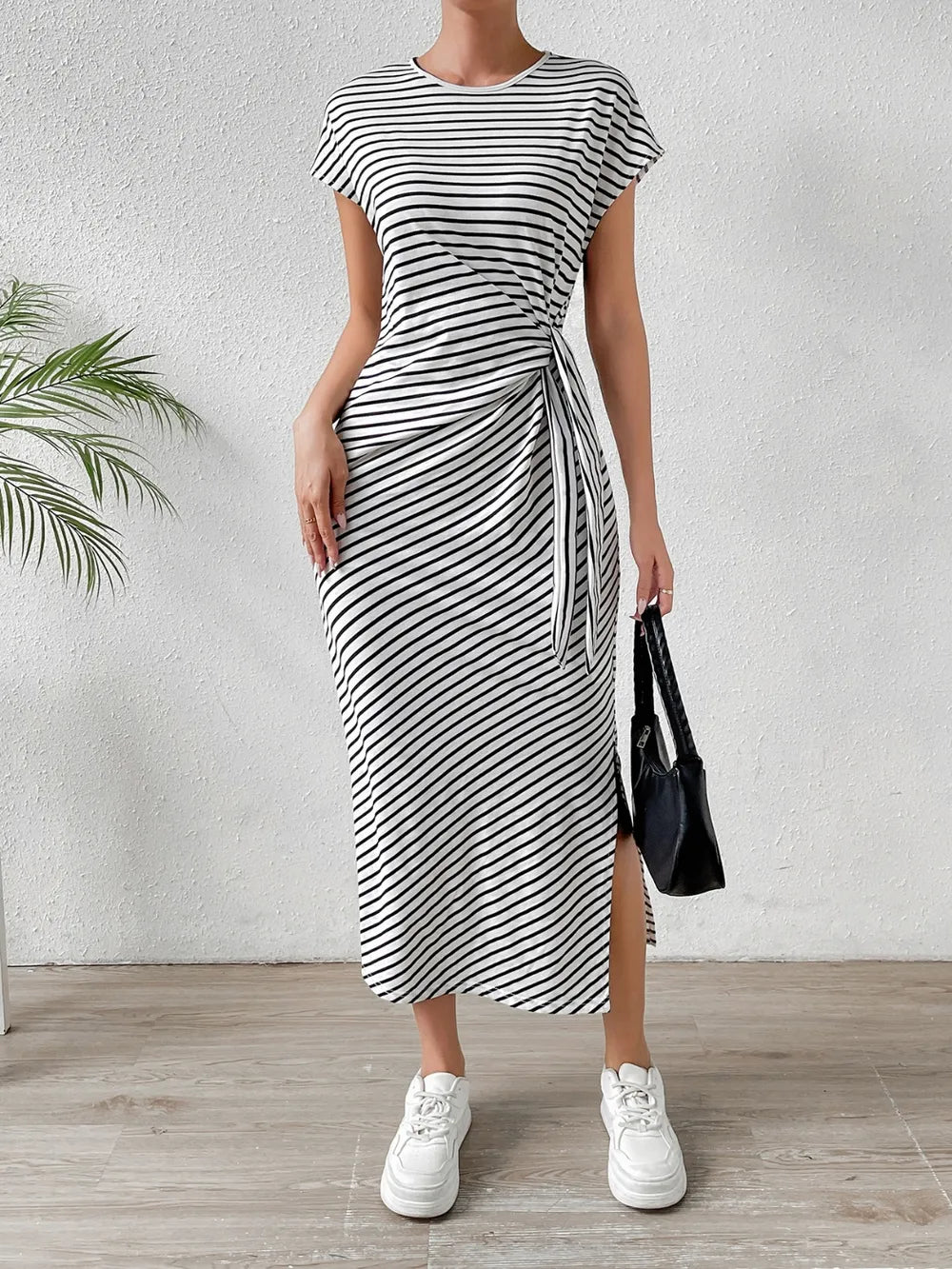Tied Striped Round Neck Short Sleeve Tee Dress (10)
