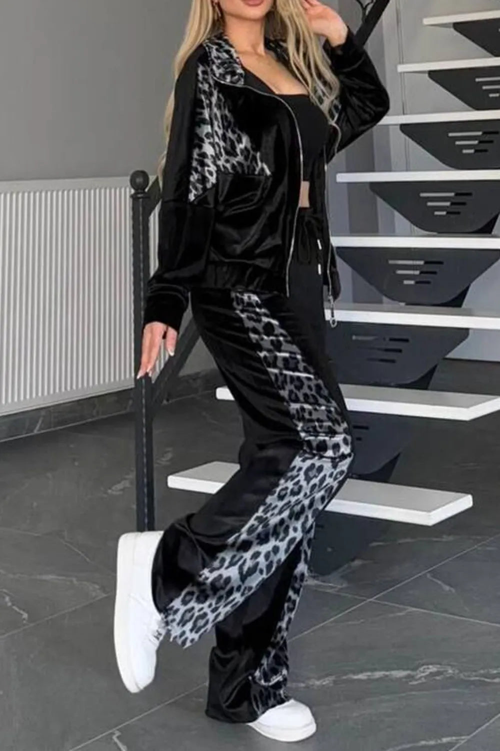 Full Size Collared Neck Leopard Zip Up Top Pants Set Plus (7)