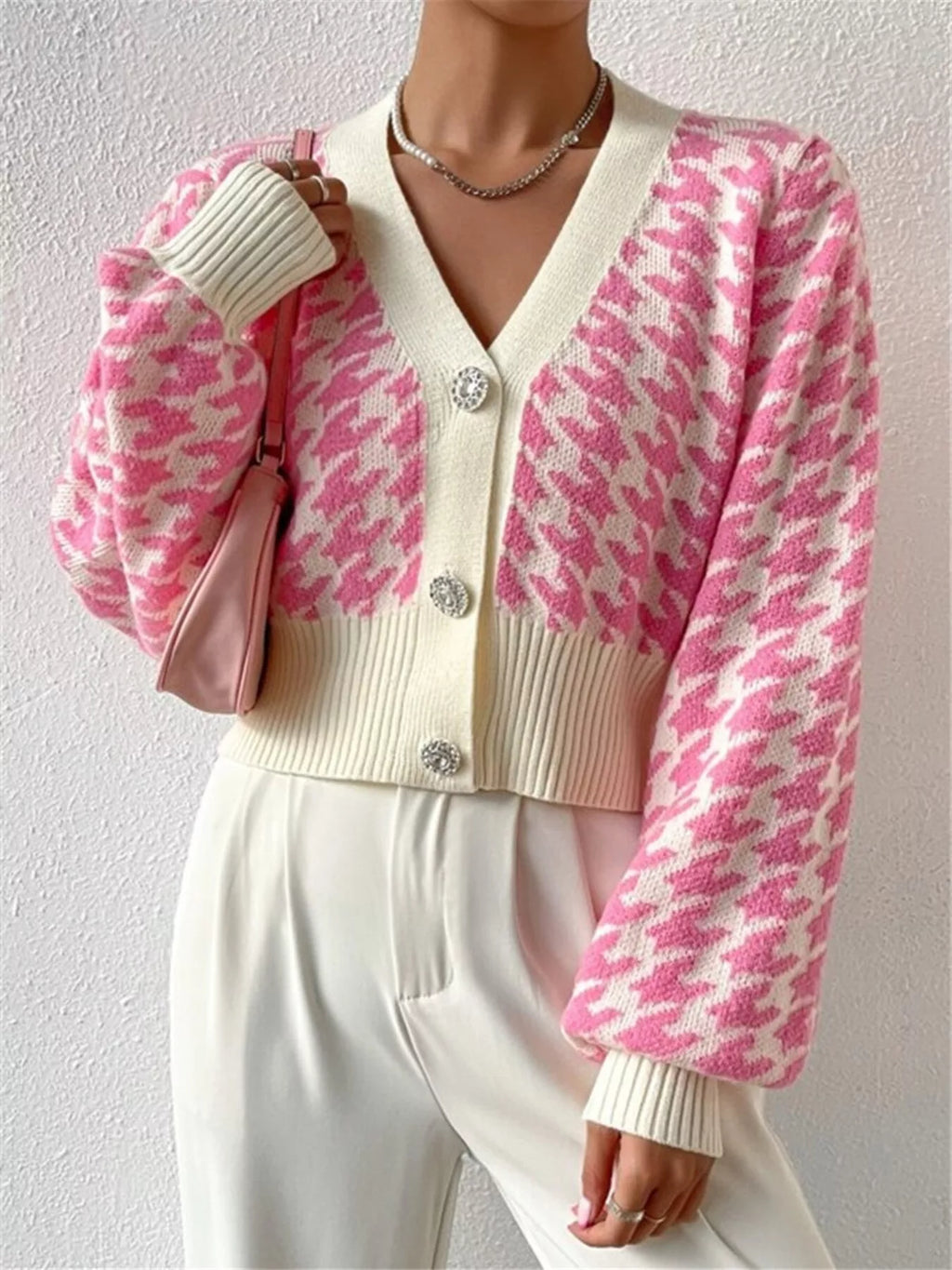 Houndstooth V-neck Button Up Cardigan (2)