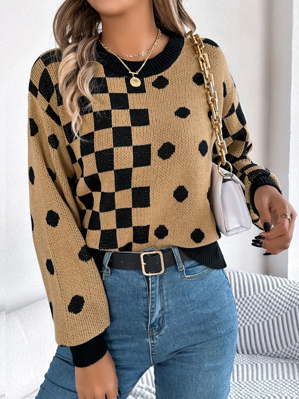 Plaid Round Neck Long Sleeve Sweater (16)