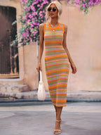 Striped Round Neck Sleeveless Midi Cover Up Dress (15)