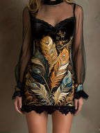 Floral Velvet Mini Dress Sheer Mesh Sleeves (13)