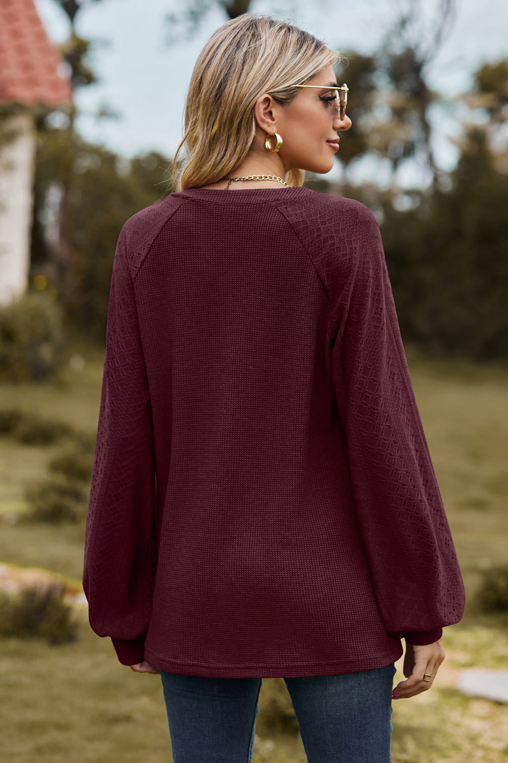Notched Neck Raglan Sleeve Blouse (21)