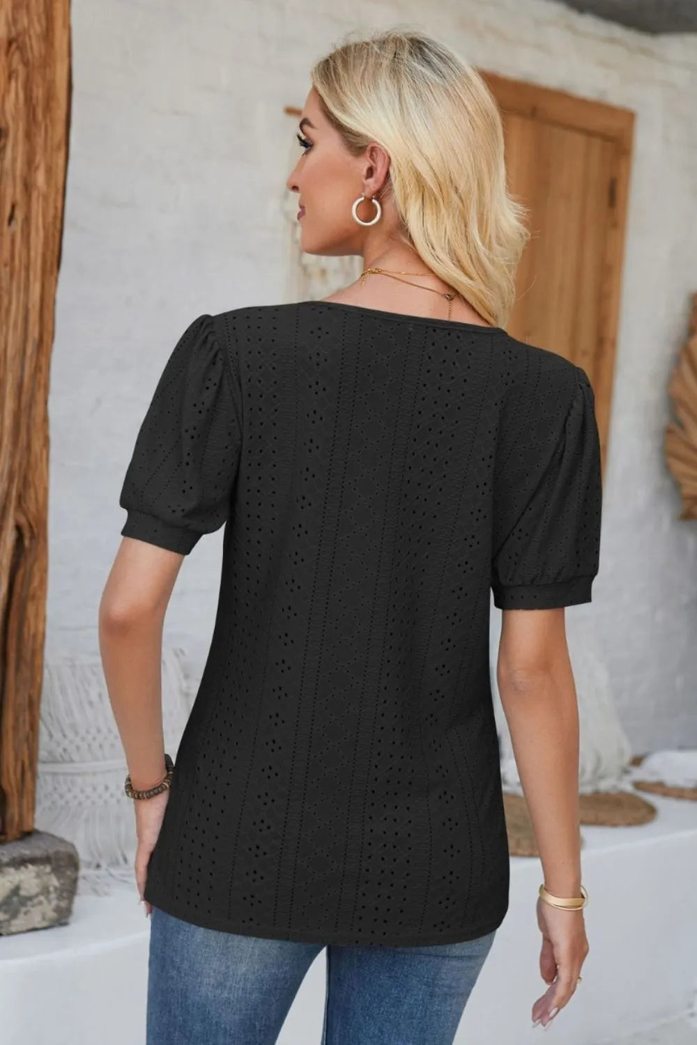 Eyelet Round Neck Short Sleeve Blouse (2)