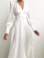 Elegant V-neck Puff Sleeve Button-down Midi Dress (3)