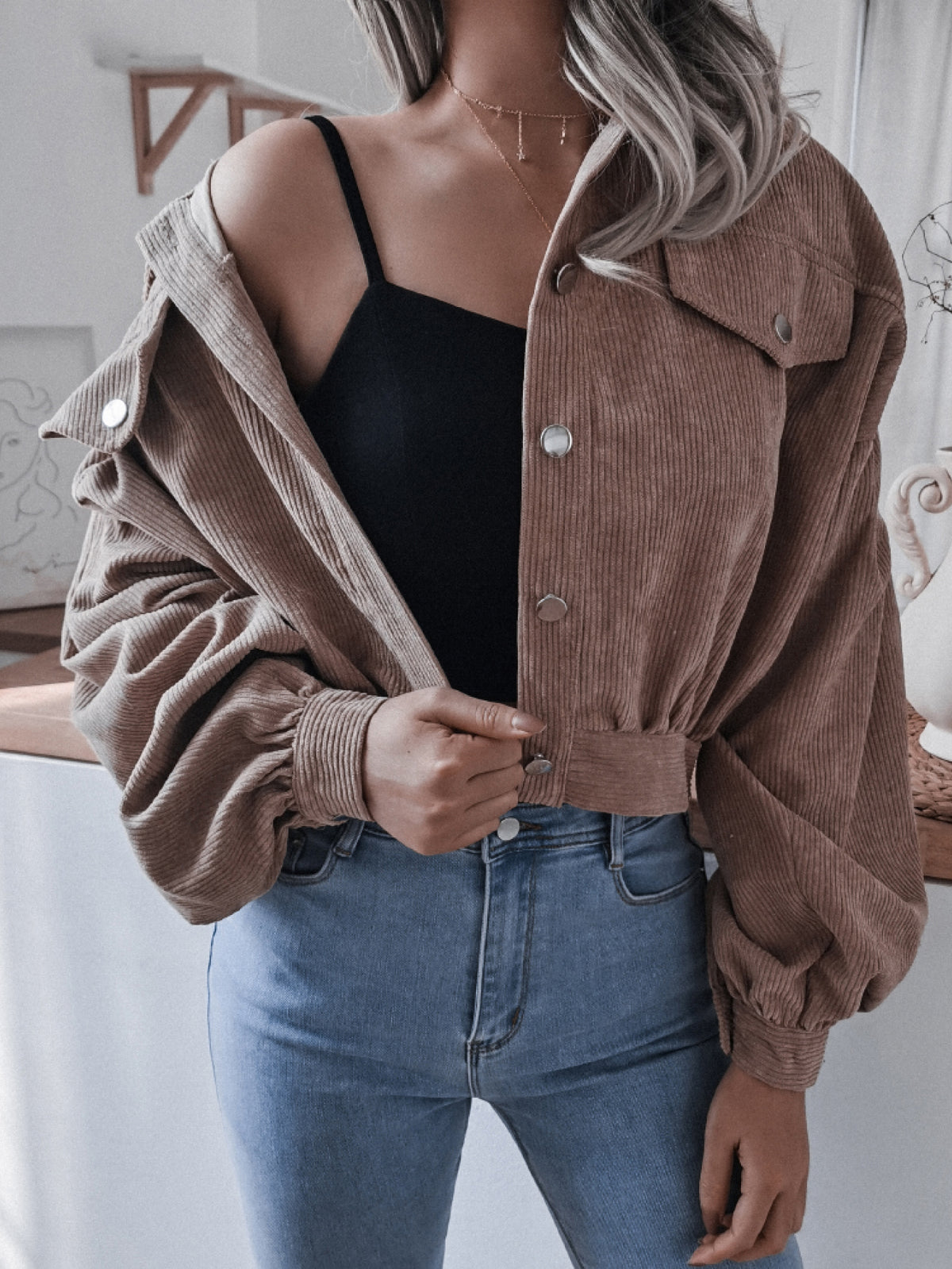 Lantern Sleeve Cropped Corduroy Jacket (6)