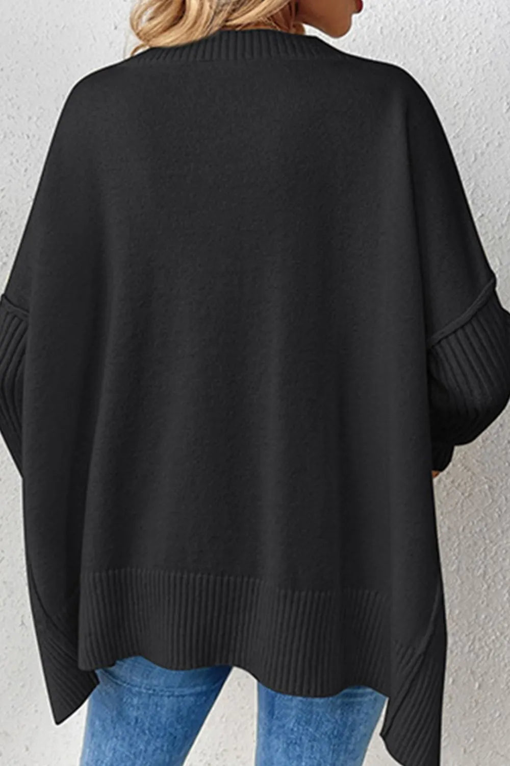 Slit V-neck Dropped Shoulder Sweater (2)