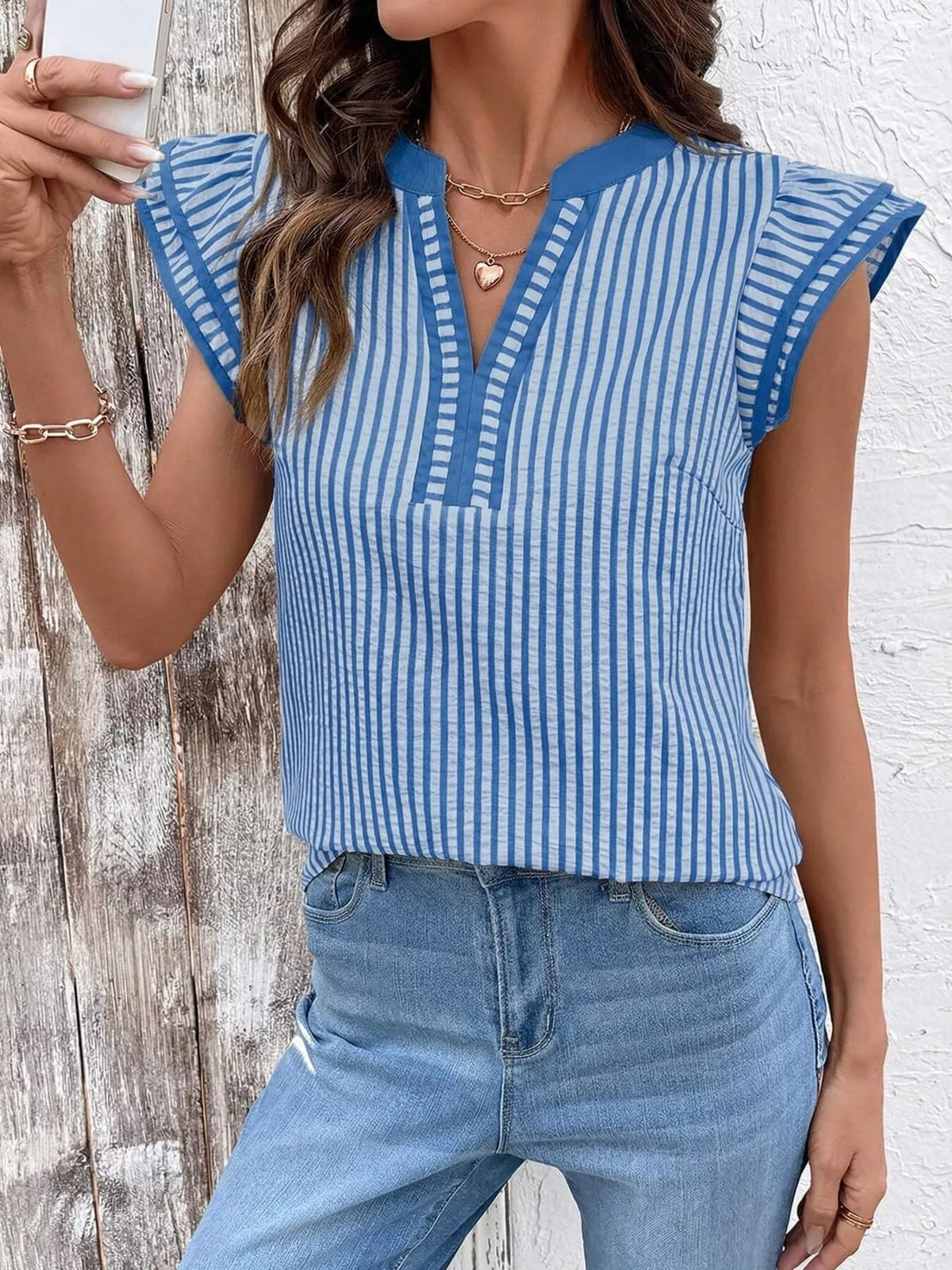 Striped Ruffle Sleeve Blouse (6)