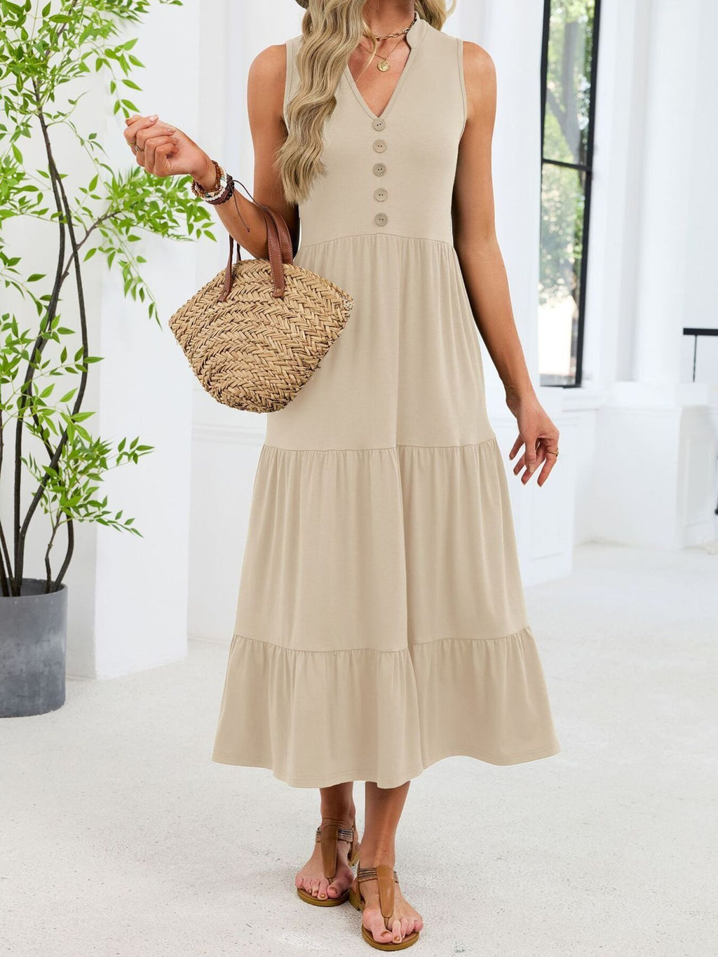 Sleeveless Notched Tiered Midi Dress (8)