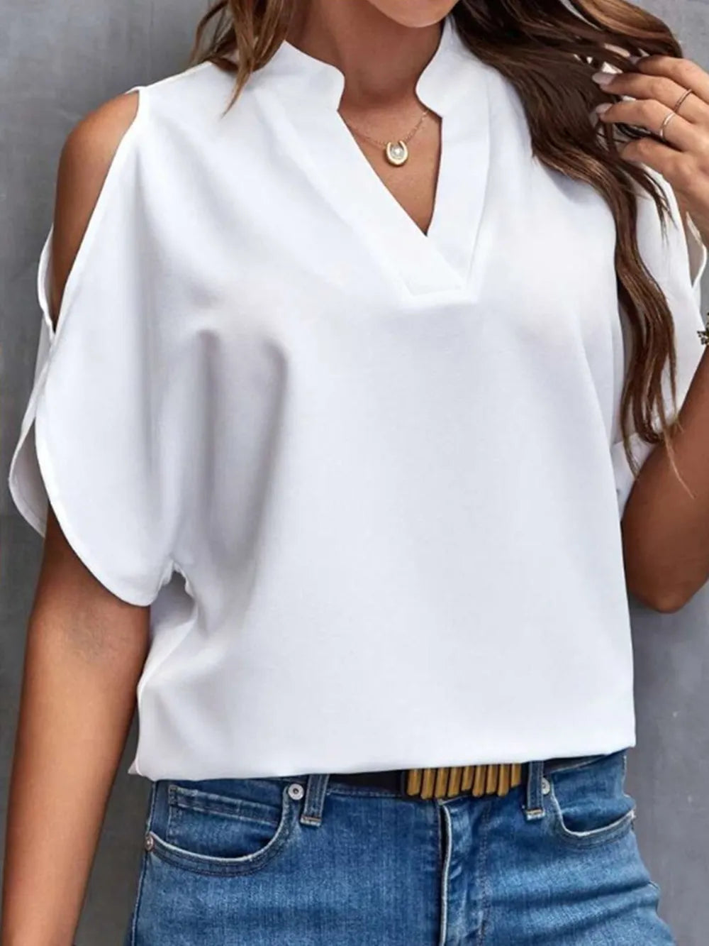 Notched Cold Shoulder Half Sleeve Blouse (4)
