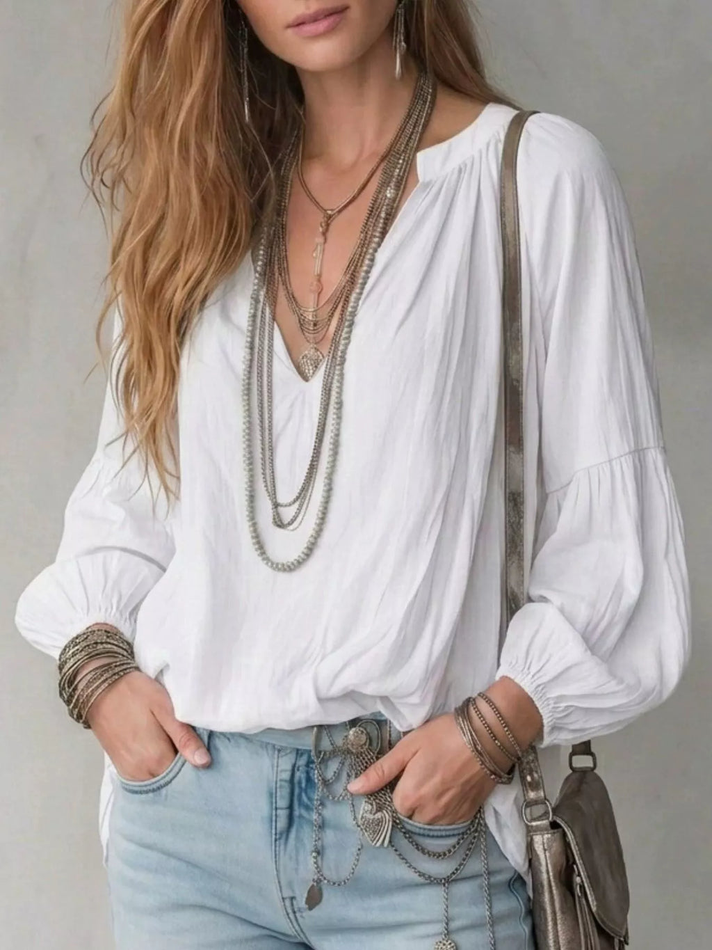 Notched Balloon Sleeve Blouse (2)