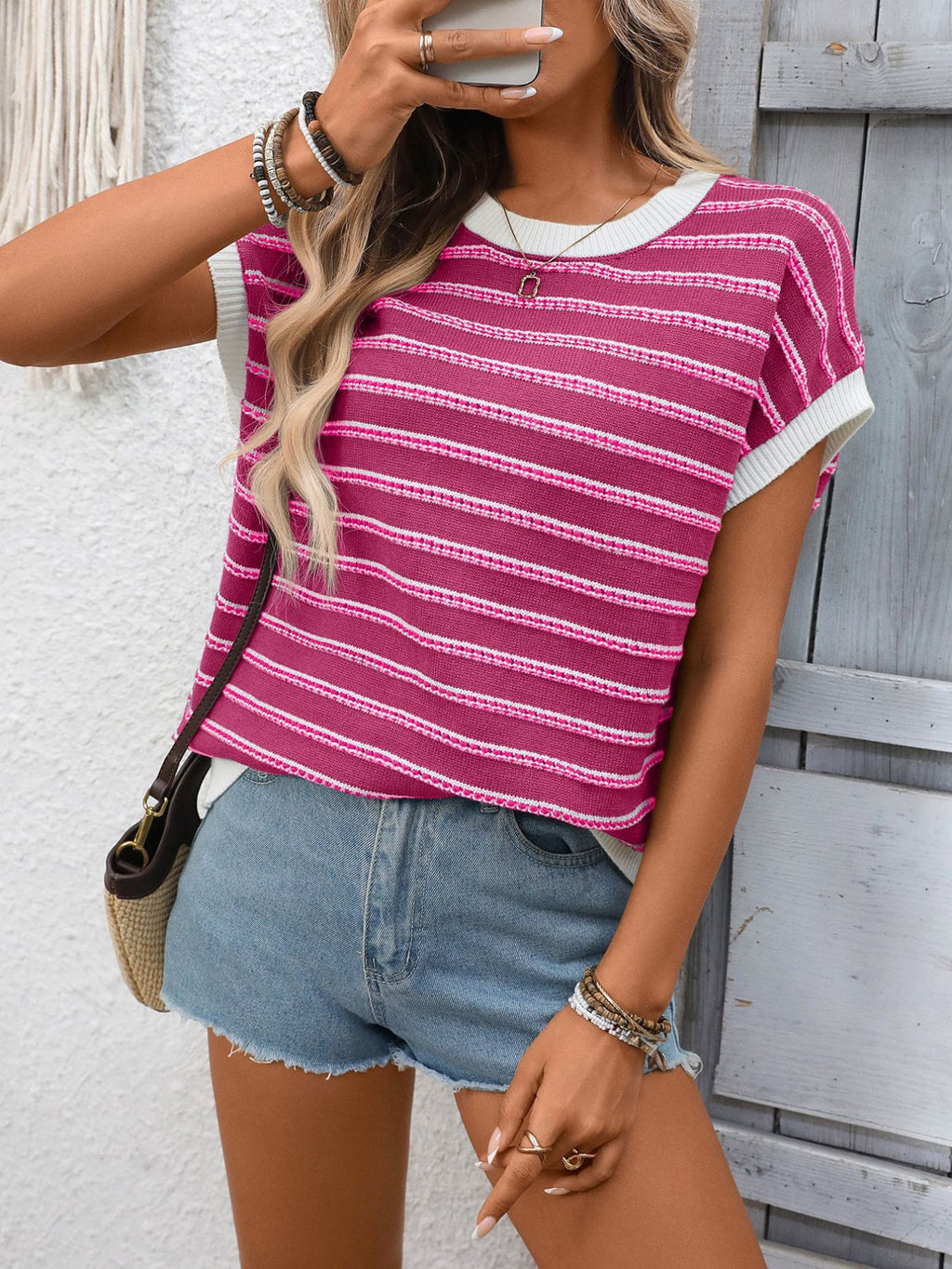 Striped Round Neck Short Sleeve Sweater (2)