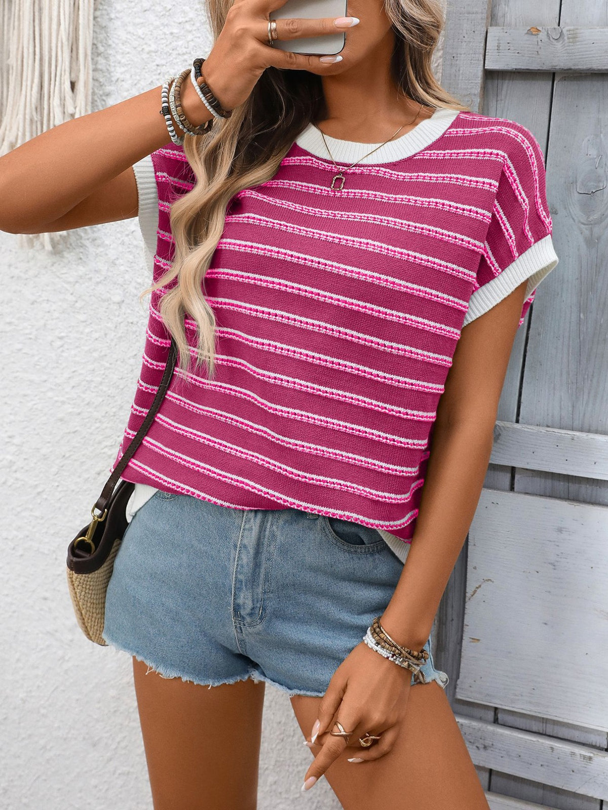 Striped Round Neck Short Sleeve Sweater (2)