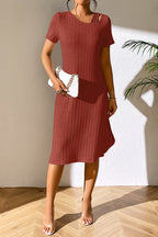 Ribbed Asymmetrical Neck Short Sleeve Dress (4)
