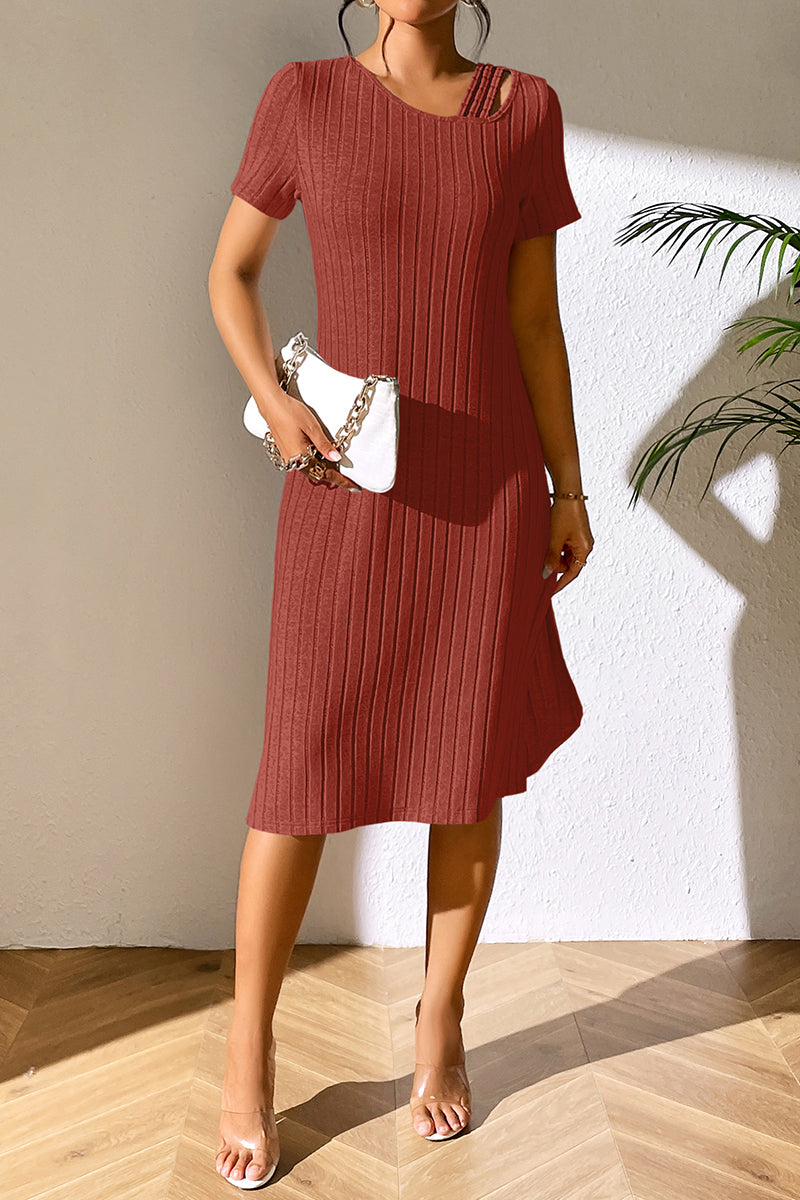 Ribbed Asymmetrical Neck Short Sleeve Dress (4)