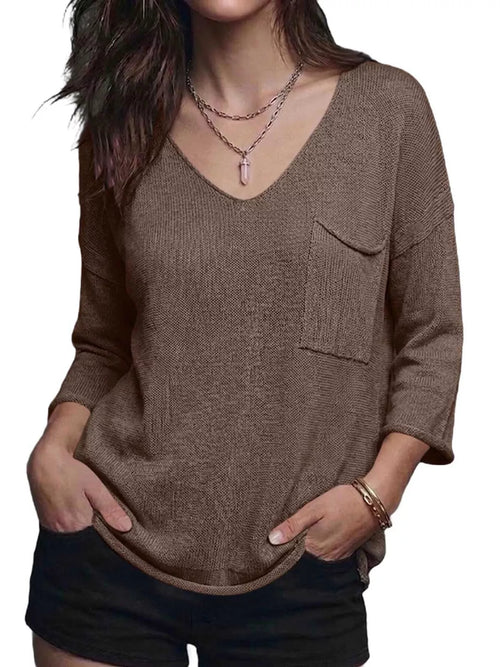 V-neck Chest Pocket Knit Top
