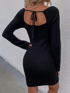 Tie Back Square Neck Long Sleeve Sweater Dress (7)