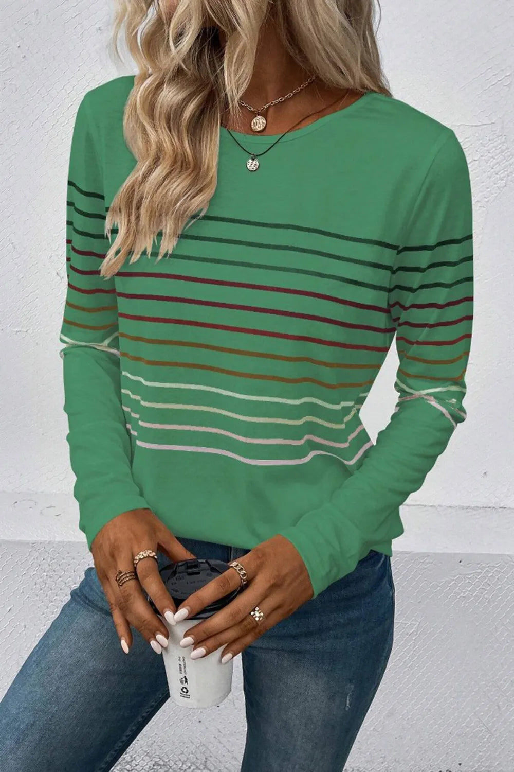 Striped Round Neck Long Sleeve T-shirt (7)