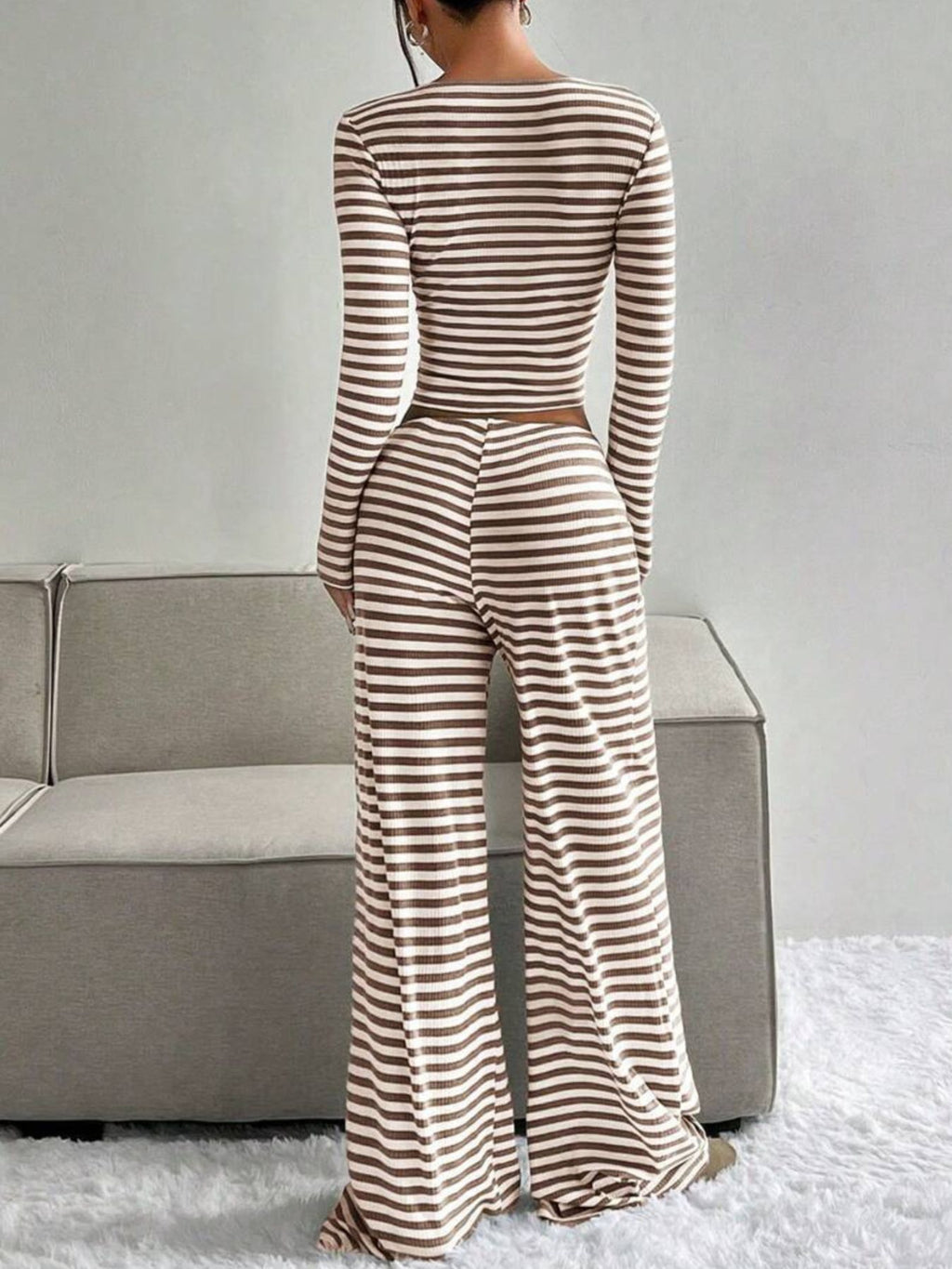 Striped Long Sleeve Crop Top Wide Leg Pants Set (5)