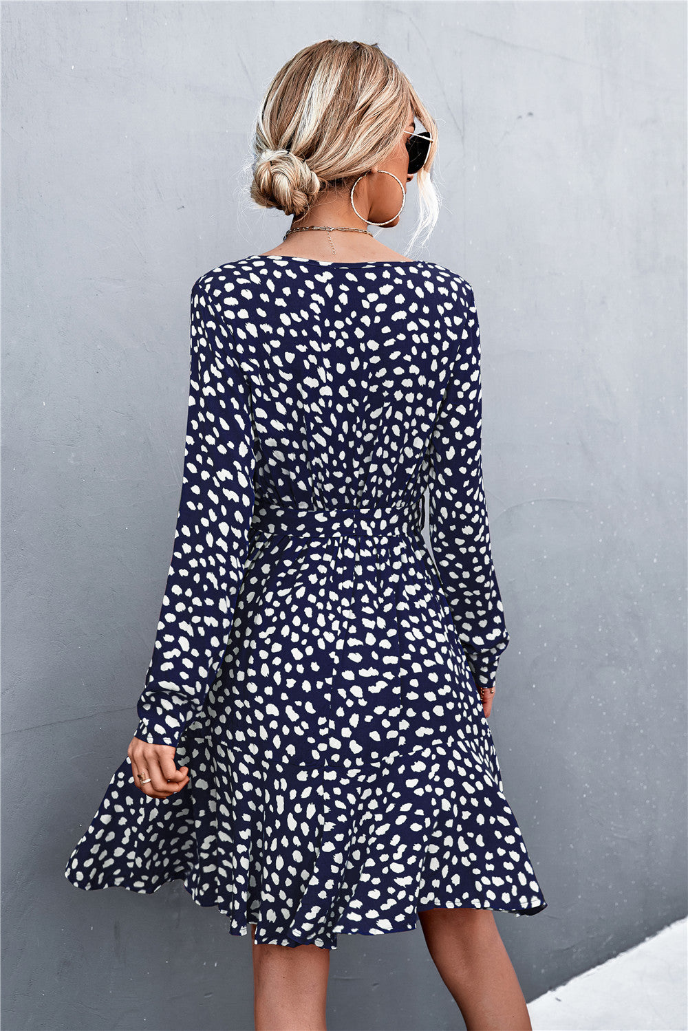 Printed V-neck Tie Belt Ruffle Hem Mini Dress (9)