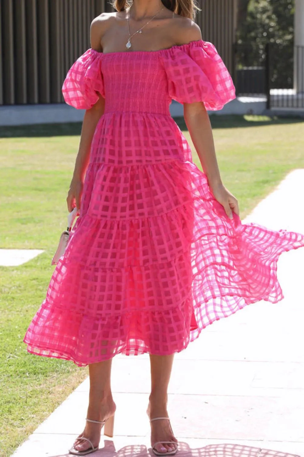 Off Shoulder Short Puff Sleeve Midi Dress (28)