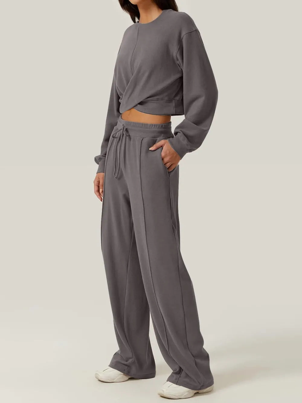 Crisscross Round Neck Top Drawstring Pants Set (14)