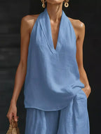 Full Size Halter Neck Top Wide Leg Pants Set Plus (4)
