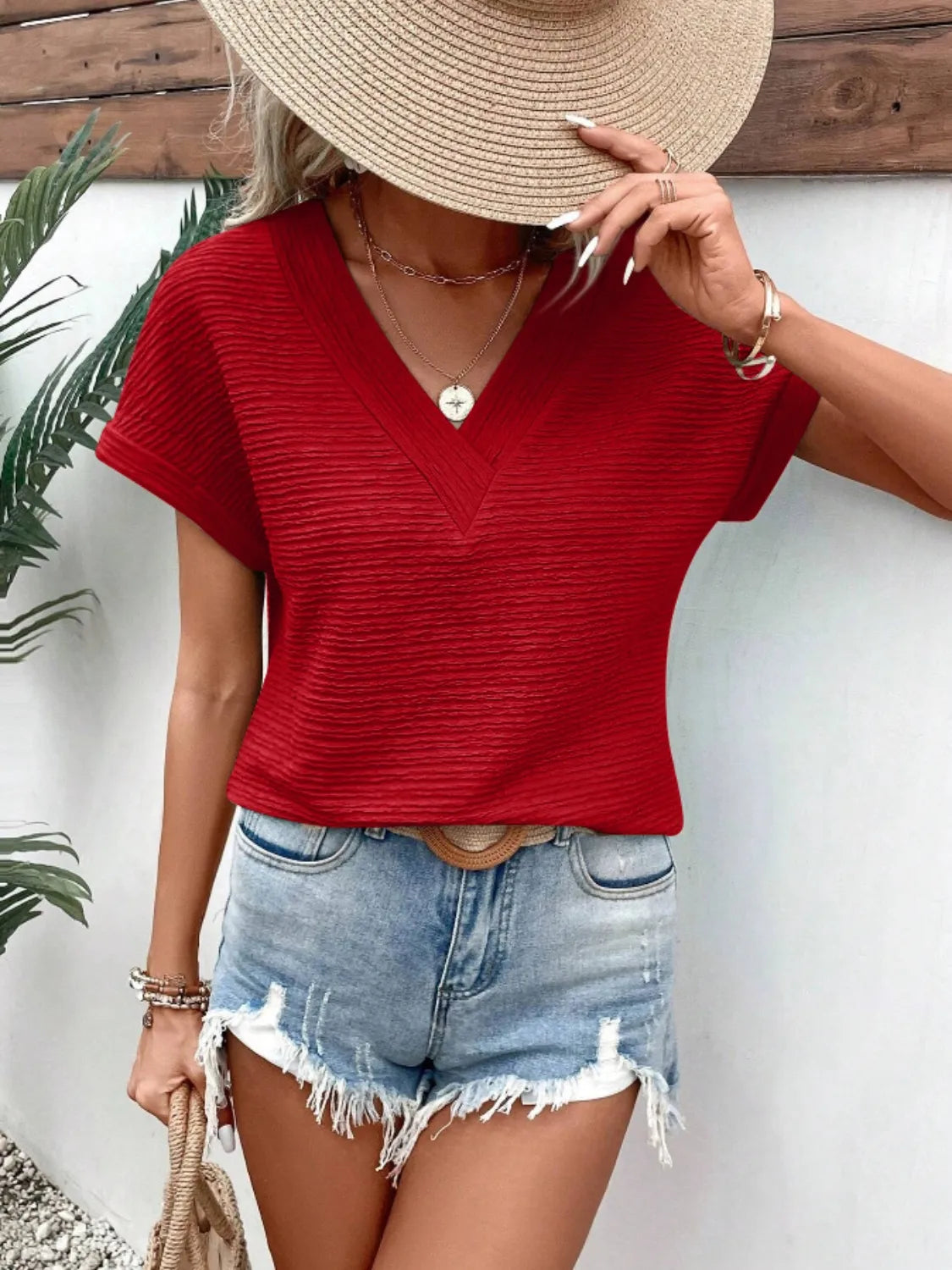Textured Solid Color Short Sleeve Top (12)
