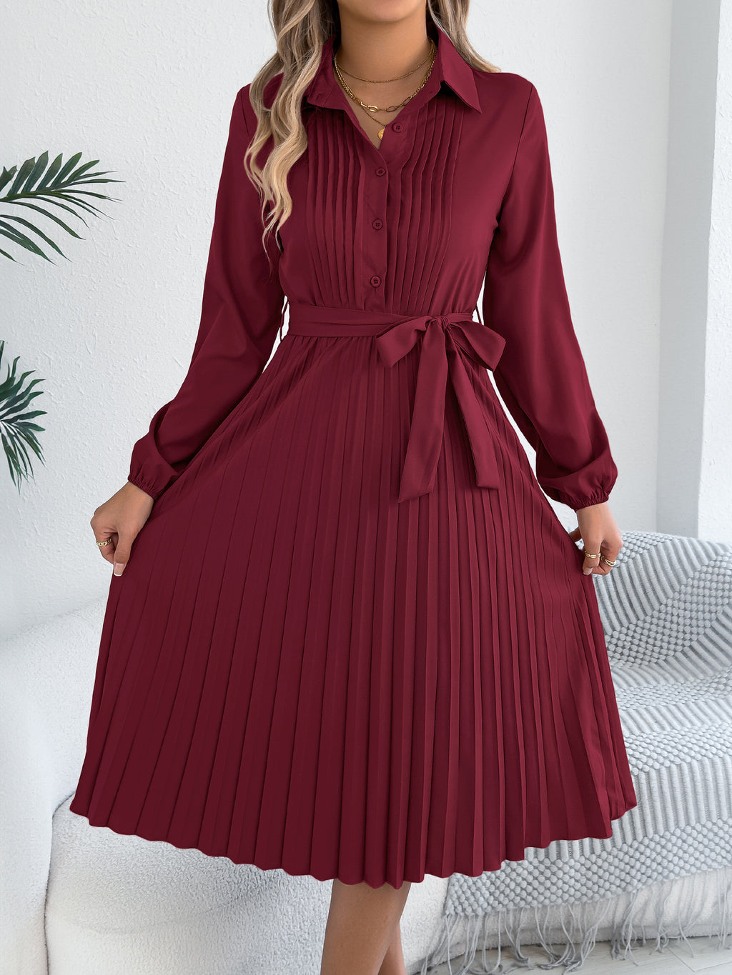 Pleated Tie Waist Balloon Sleeve Dress (12)