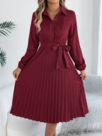 Pleated Tie Waist Balloon Sleeve Dress (12)