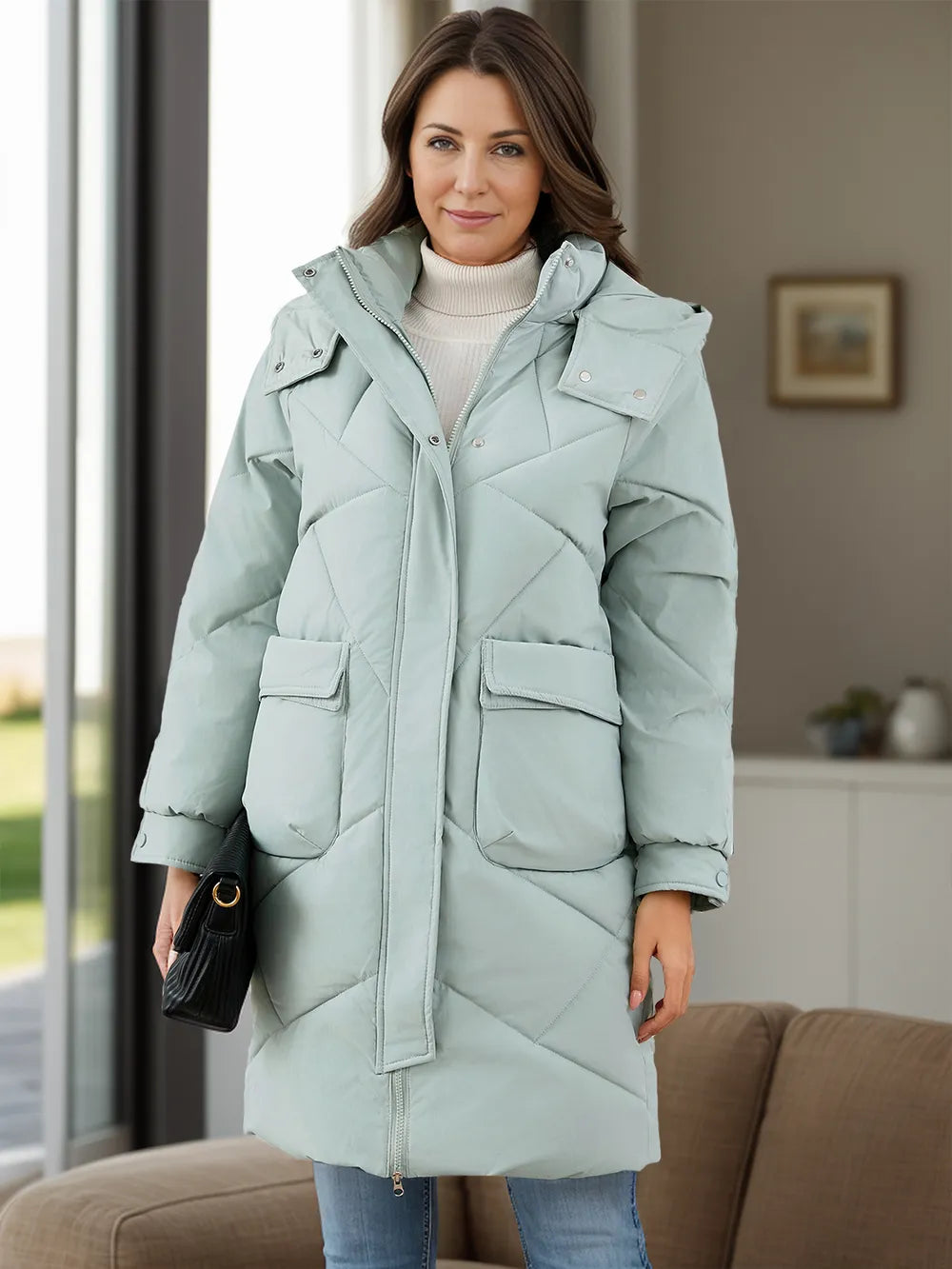 Long Sleeve Longline Hooded Winter Coat Pockets (10)