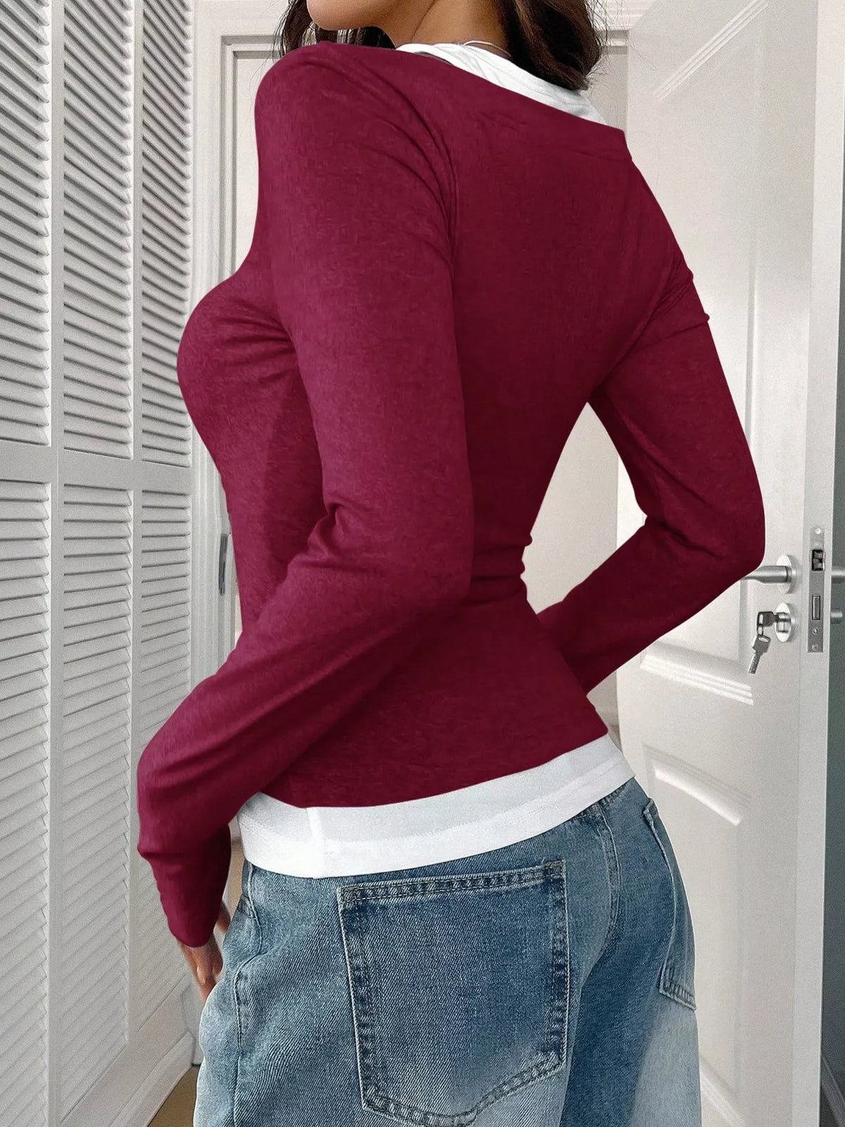 Scoop Neck Long Sleeve Fake Two-piece T-shirt (27)