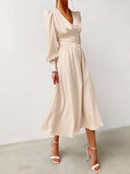 Elegant V-neck Puff Sleeve Button-down Midi Dress (6)
