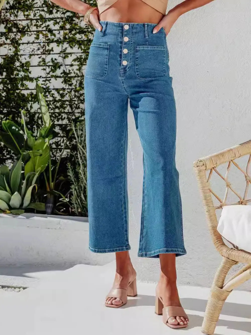Button Fly Cropped Jeans Pockets