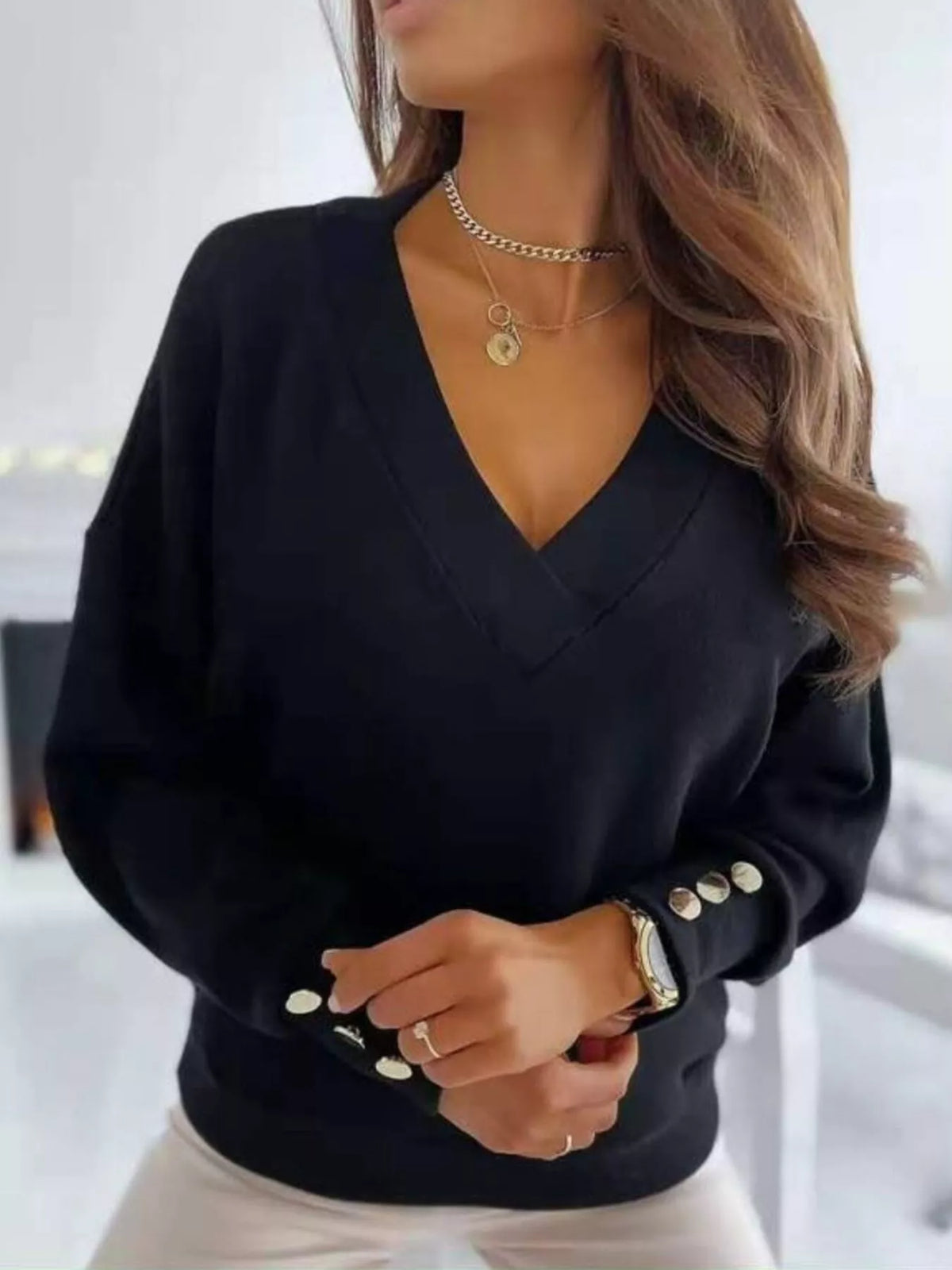 V-neck Button Cuff Top (4)