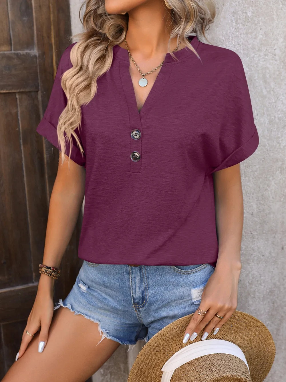 Notched Buttoned Short Sleeve T-shirt (18)