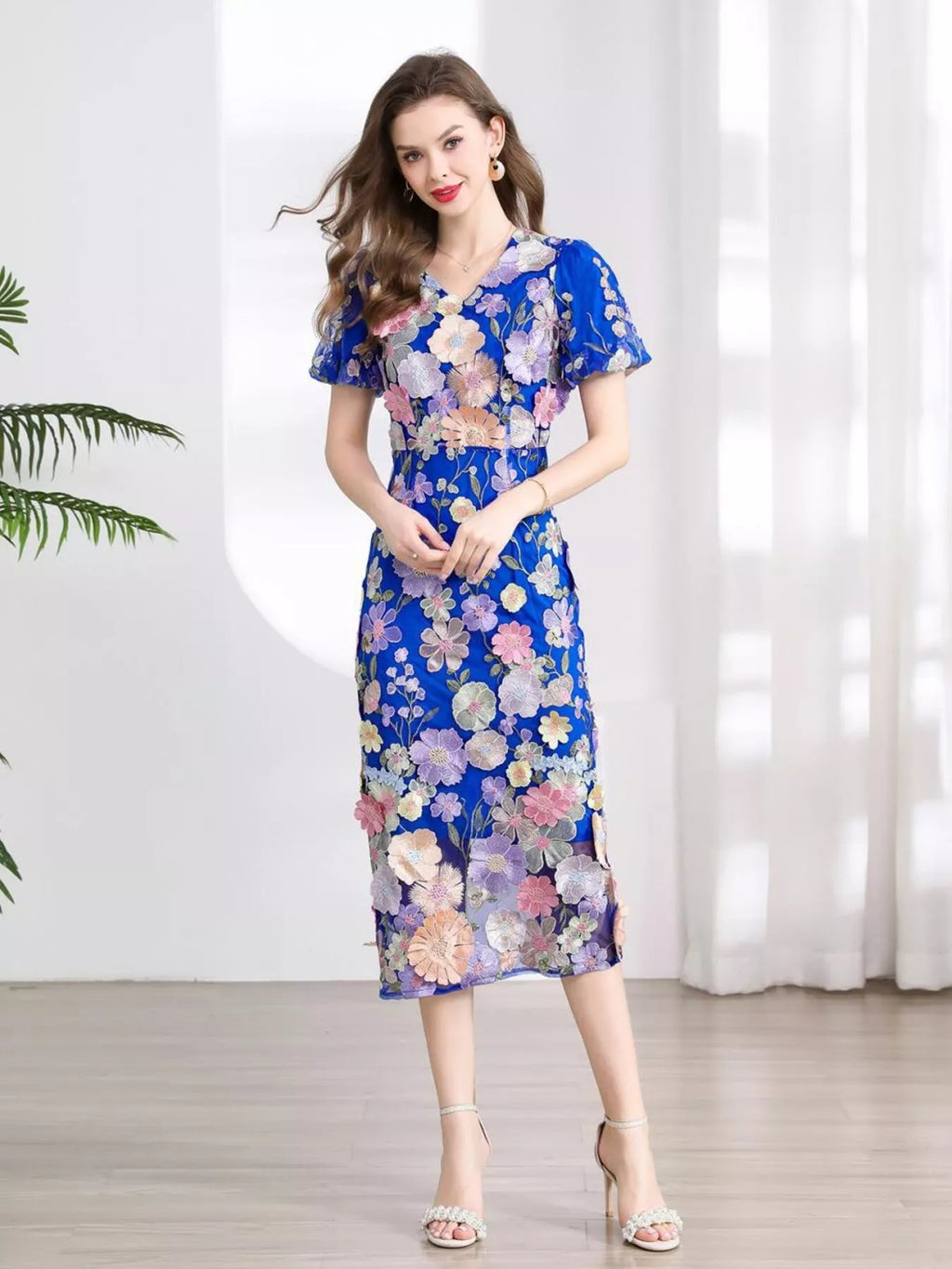 Floral Embroidered Puff Sleeve Midi Dress (21)