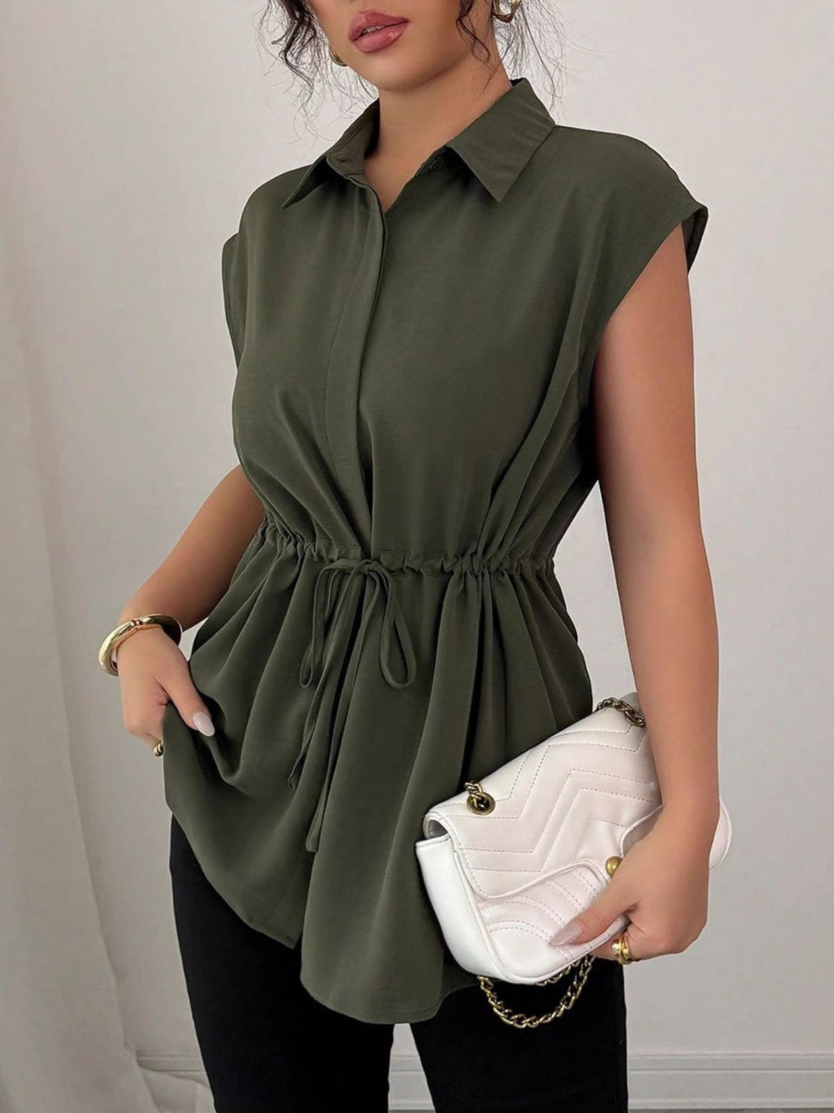 Drawstring Waist Cap Sleeve Shirt (10)