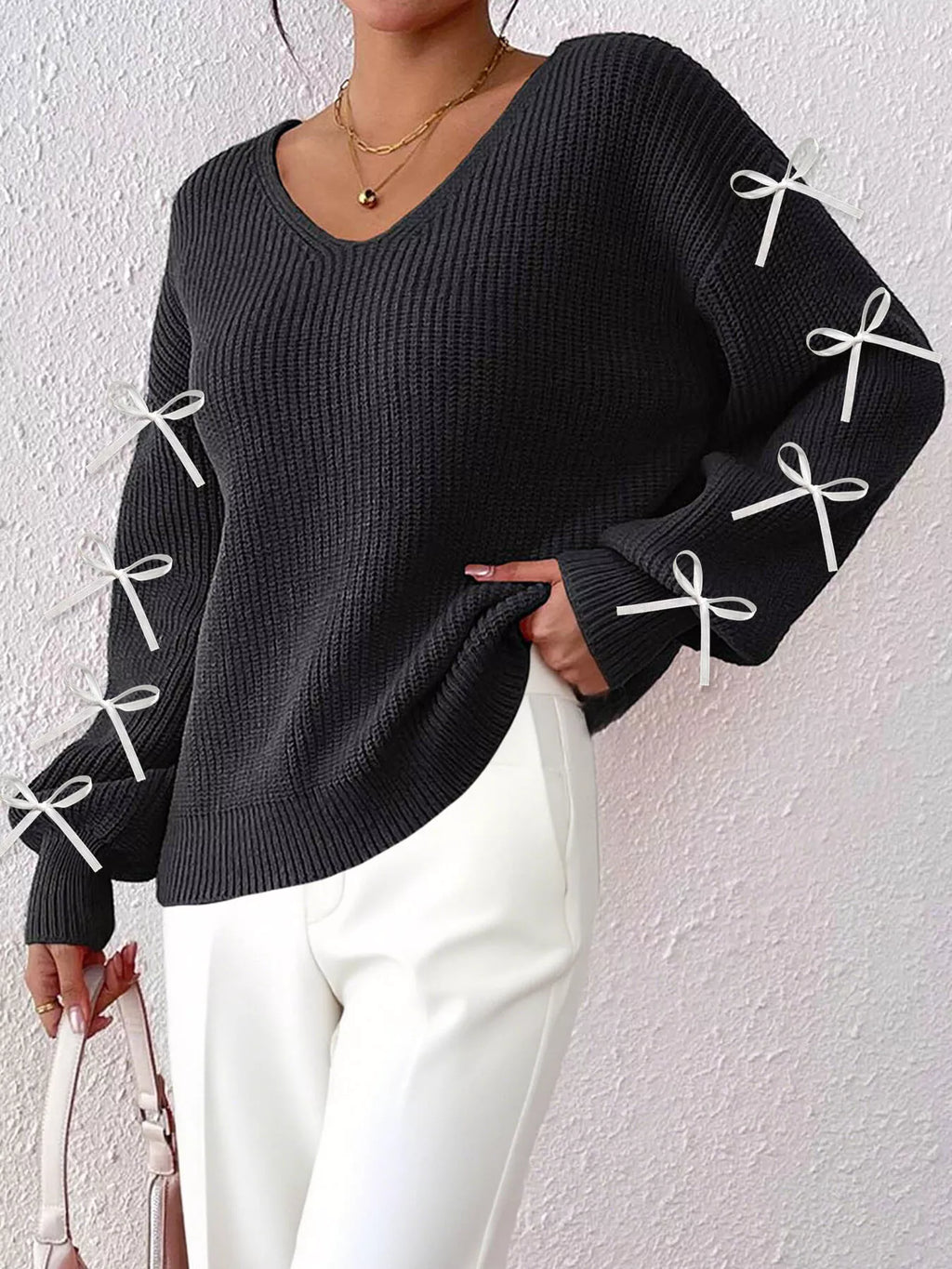Bow-tie Sleeve V-neck Sweater (9)