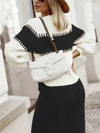 Two-tone Ribbed Knit Top Skirt Sweater Set (10)
