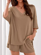 Casual Solid Color V-neck Top Shorts Set (4)