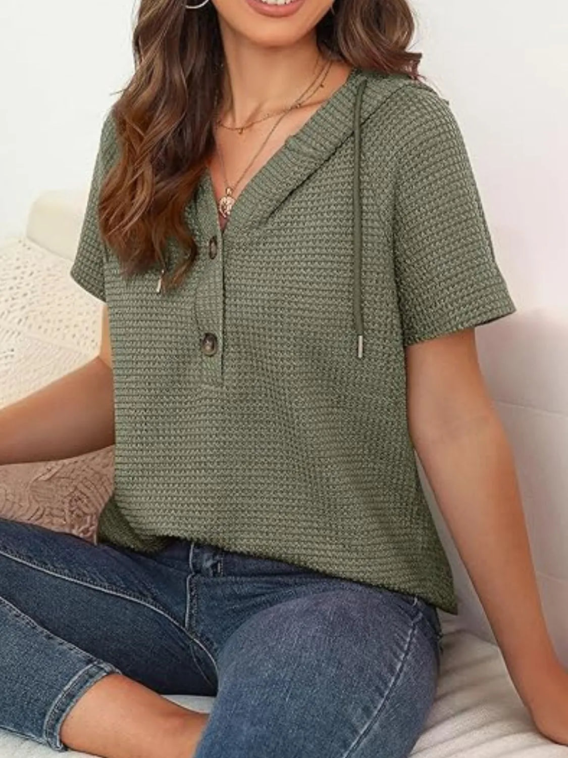 Drawstring Waffle-knit Short Sleeve Hooded Top (14)