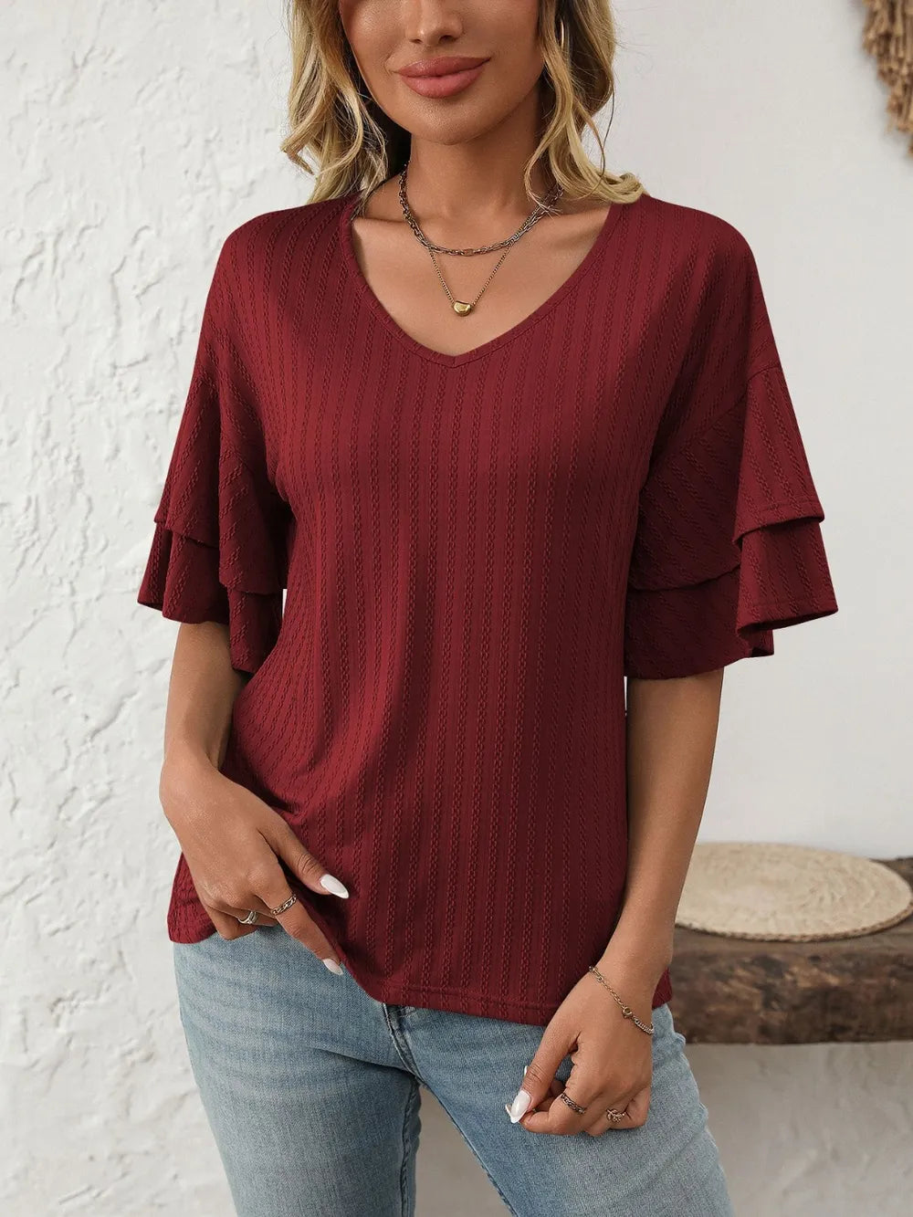 V-neck Ruffle Half Sleeve Top (19)
