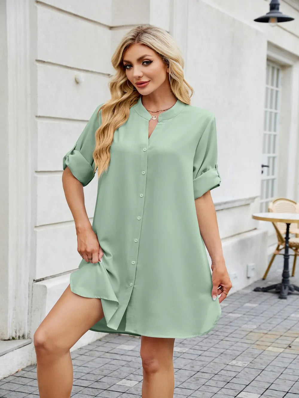 Notched Long Sleeve Mini Shirt Dress (12)