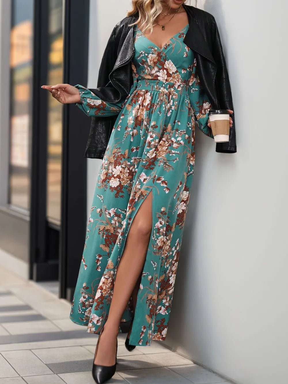 Slit Printed Surplice Long Sleeve Maxi Dress (6)