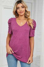 Heathered V-neck Puff Sleeve T-shirt